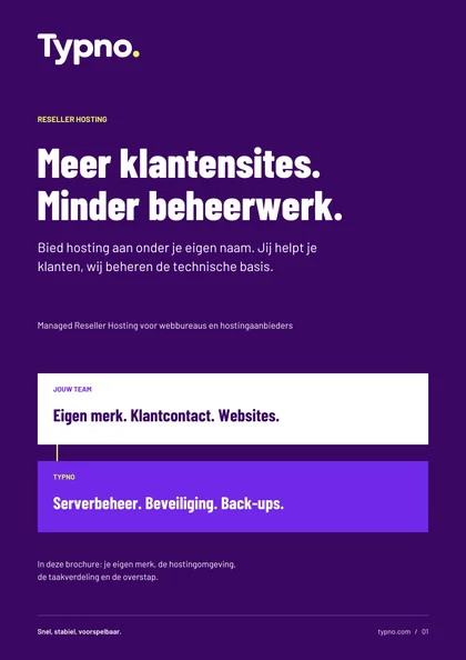 Omslag van de Typno-brochure: Meer klantensites. Minder beheerwerk.